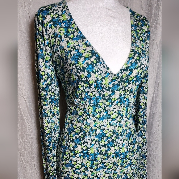 Womens Large Deep V Neck Long Sleeve Print Knit Dress - Picture 2 of 12